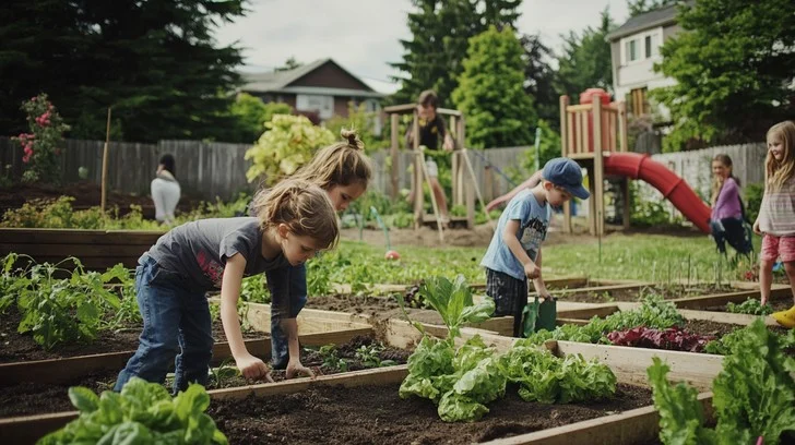 kids gardening together stockcake