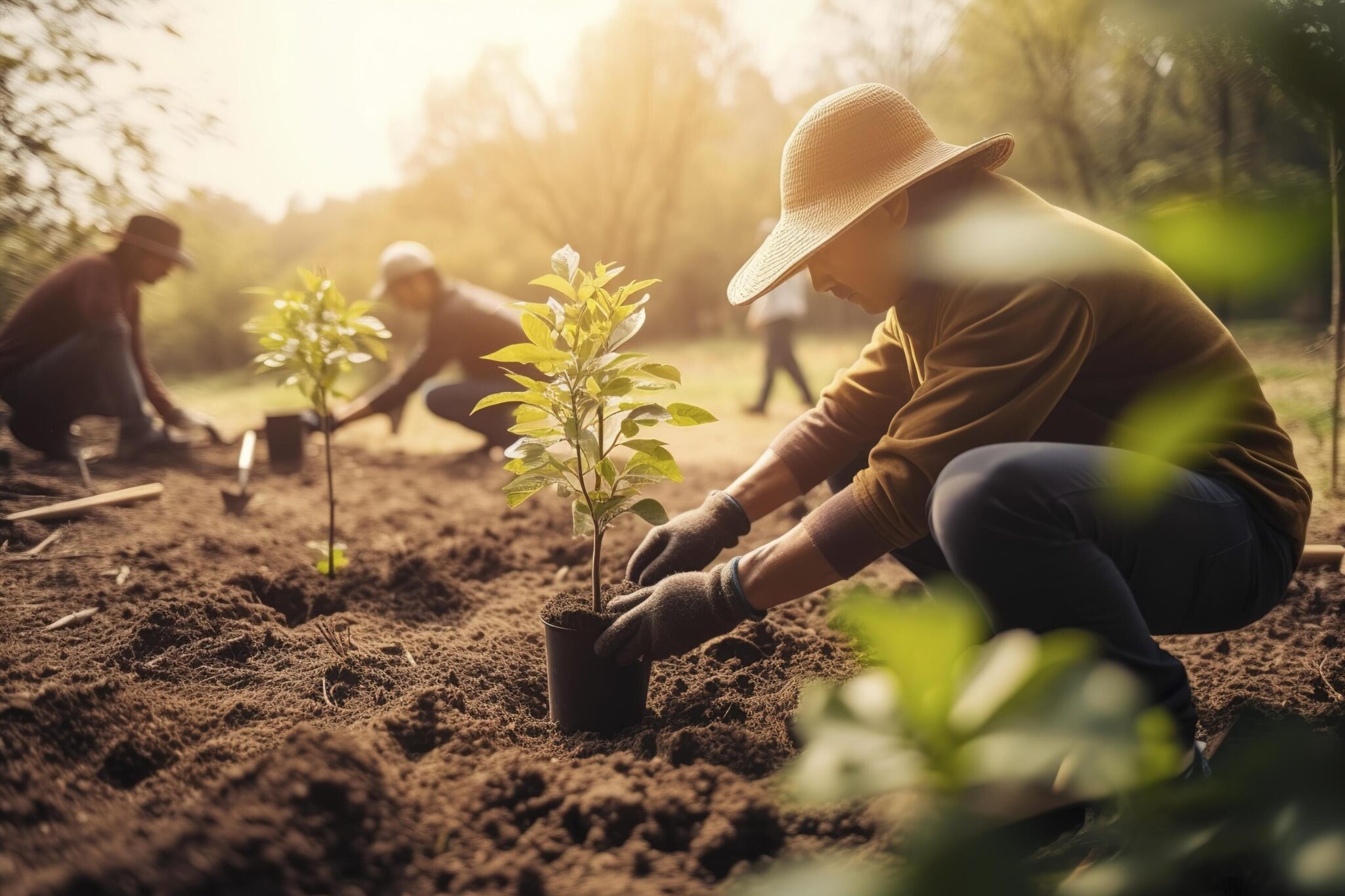 people planting trees or working in community garden promoting local food production and habitat restoration concept of sustainability and community engagement generate ai free photo