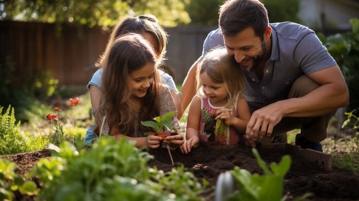 family gardening together stockcake